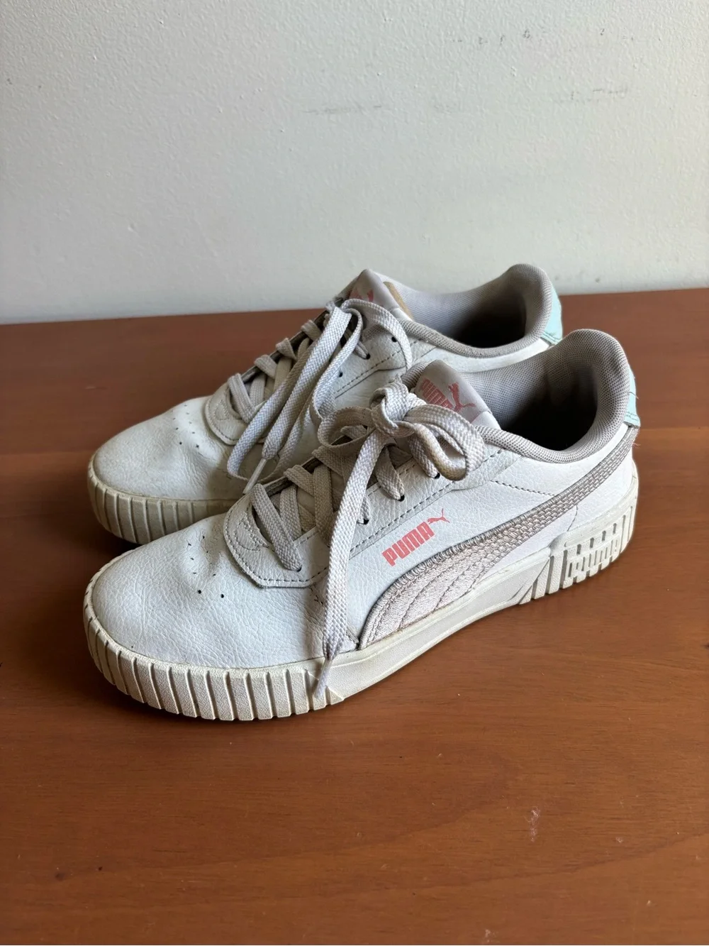 Puma Platform Sneakers in White with Light Pink and Blue Accents